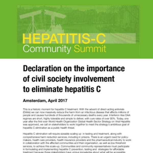Community Summit on Hepatitis C: Declaration on the importance of civil society involvement to eliminate hepatitis C