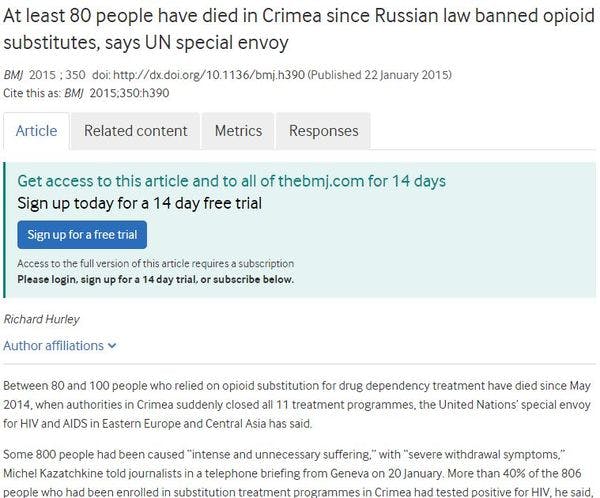 At least 80 people have died in Crimea since Russian law banned opioid substitutes, says UN special envoy
