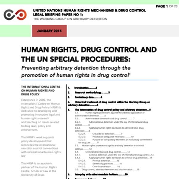 Droits humains, contrôle des drogues et procédures spéciales de l’ONU: prévenir la détention arbitraire  en promouvant les droits humains dans le cadre du contrôle des drogues