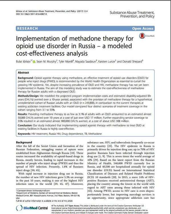 Implementation of methadone therapy for opioid use disorder in Russia – a modelled cost-effectiveness analysis