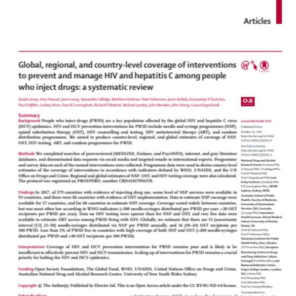 Couverture aux niveaux mondial, régional et national des interventions de prévention et de gestion du VIH et de l’hépatite C parmi les usagers de drogues injectables : un examen systématique