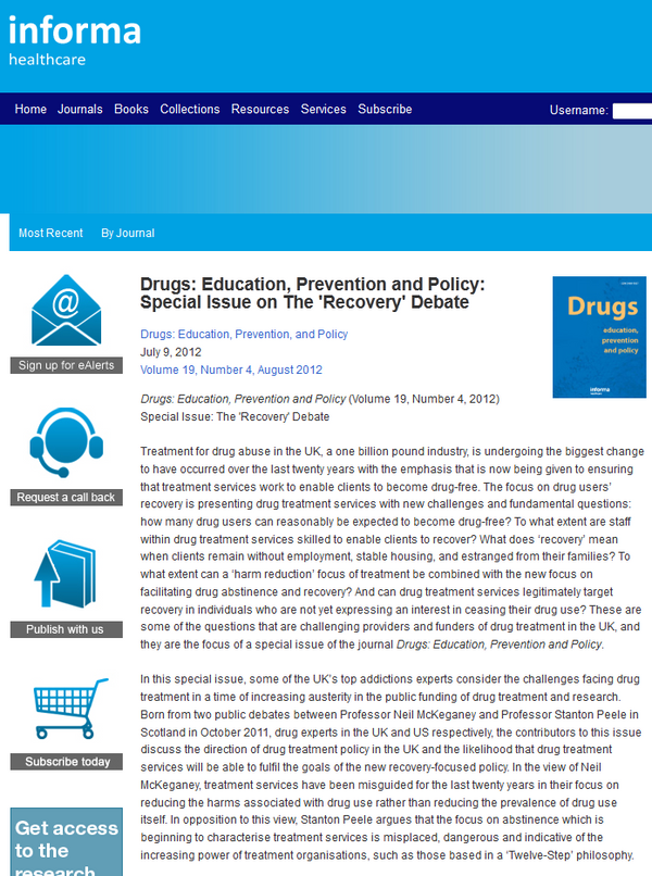 Drugs: Education, Prevention and Policy: Special Issue on The 'Recovery' Debate