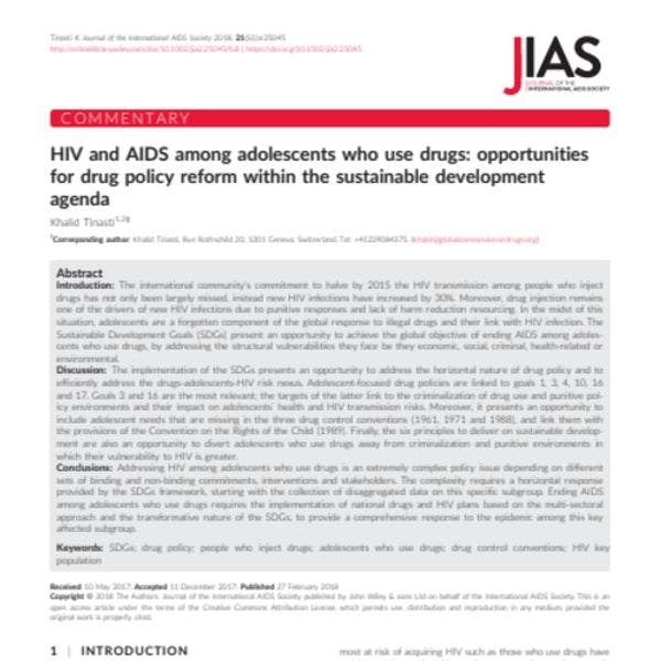 Le VIH et le SIDA parmi les adolescents qui font usage de drogues : Opportunités pour une réforme des politiques des drogues dans le cadre du programme de développement durable