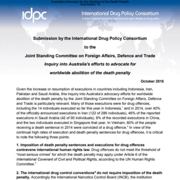 IDPC submission to Australia's Parliamentary Committee on the abolition of the death penalty