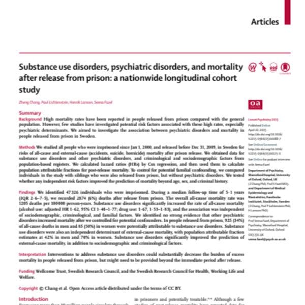 Substance use disorders, psychiatric disorders, and mortality after release from prison: A nationwide longitudinal cohort study