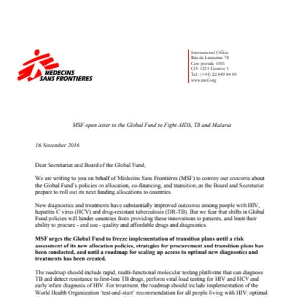 Médecins Sans Frontières' open letter to the Global Fund to fight AIDS, TB and Malaria