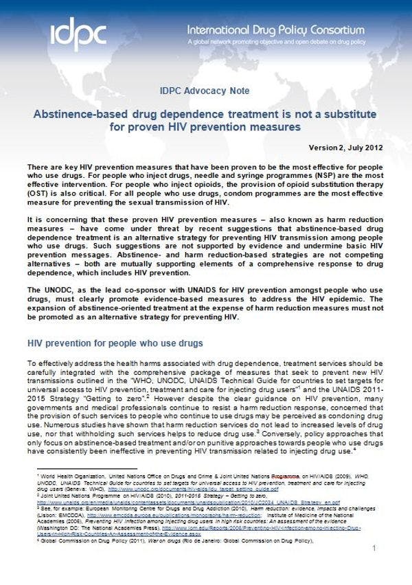 IDPC Advocacy Note - Abstinence-based drug dependence treatment is not a substitute for proven HIV prevention measures
