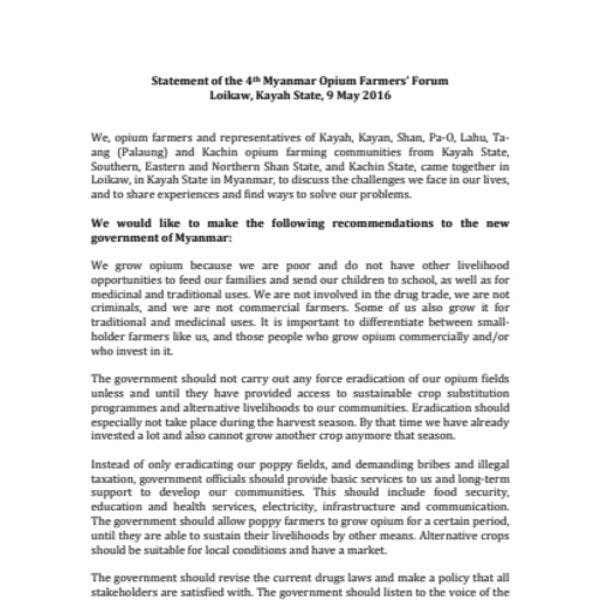 Declaración del Cuarto Foro de Cultivadores de Opio de Myanmar