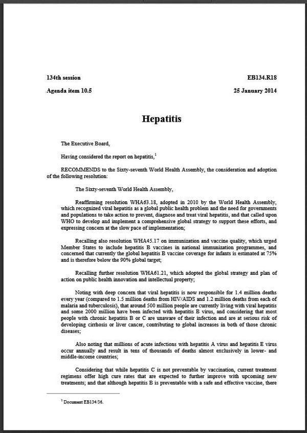 Hepatitis resolution passed by 67th World Health Assembly includes calls for increased access to new medicine, syringe exchange