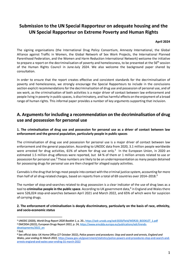 Decriminalising drug use and sex work to end the criminalisation of poverty and homelessness - Submission to the UNSRs on the right to adequate housing and on extreme poverty and human rights