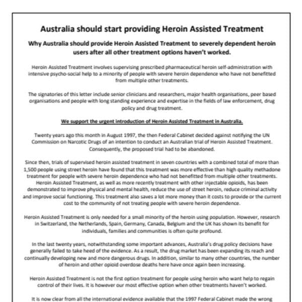 Australia debe comenzar a proporcionar tratamiento asistido con heroína