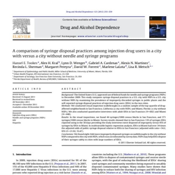 A comparison of syringe disposal practices among injection drug users in a city with versus a city without needle and syringe programmes