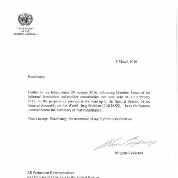 Resumen del presidente de la Asamblea General de la ONU sobre la consulta informal interactiva de partes interesadas como apoyo al proceso preparatorio de la UNGASS