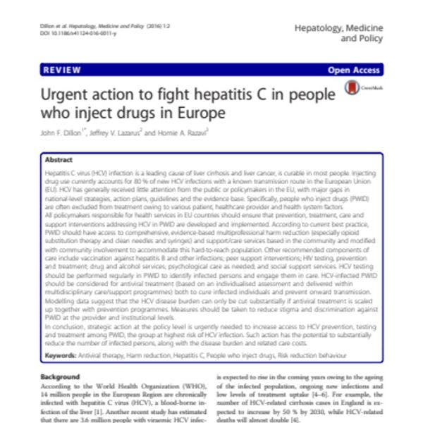 Acción urgente para luchar contra la hepatitis C entre las personas que se inyectan drogas en Europa