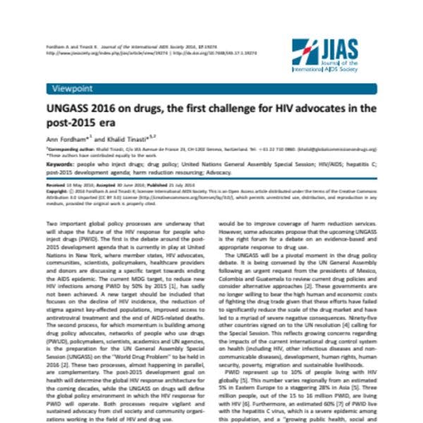 La UNGASS sobre drogas de 2016: el primer desafío para los promotores de la lucha contra el VIH en la era post-2015