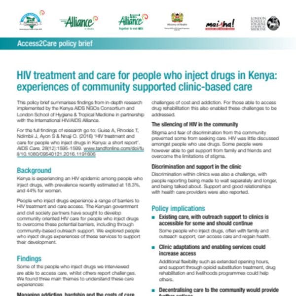 HIV treatment and care for people who inject drugs in Kenya: experiences of community supported clinic-based care