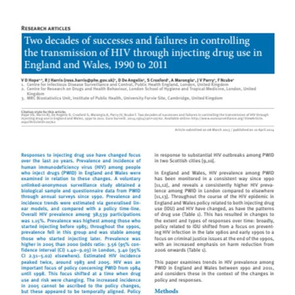 Two decades of successes and failures in controlling  the transmission of HIV through injecting drug use in  England and Wales, 1990 to 2011