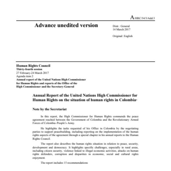 Informe anual del Alto Comisionado de las Naciones Unidas para los Derechos Humanos sobre la situación de los derechos humanos en Colombia