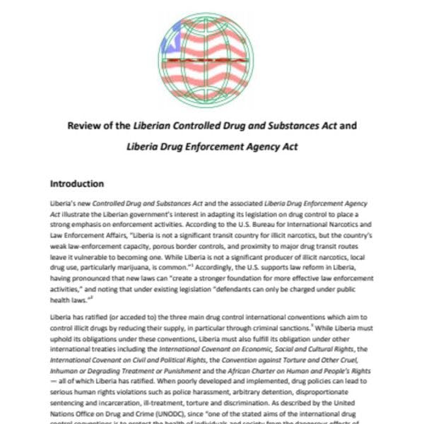 Review of the Liberian Controlled Drug and Substances Act and Liberia Drug Enforcement Agency Act