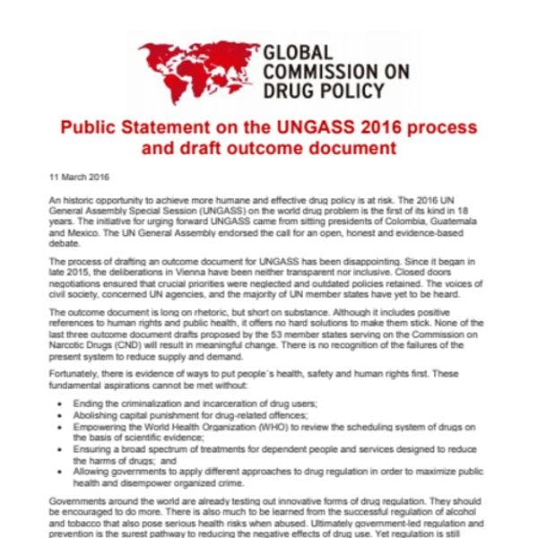 Declaración pública sobre el proceso y el borrador del documento final de la UNGASS 2016