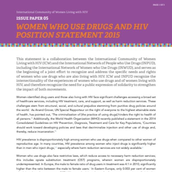 Women who use drugs and HIV: Position statement 2015