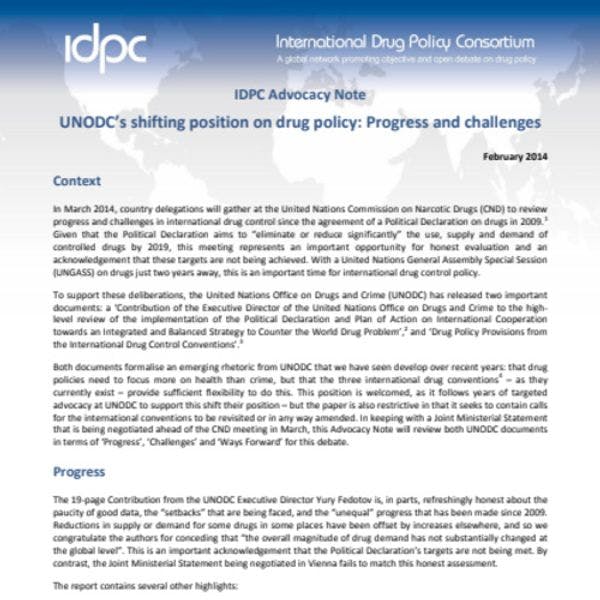 Nota para la incidencia política del IDPC - La nueva postura de la ONUDD sobre  las políticas de drogas: avances y desafíos