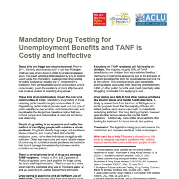 Mandatory drug testing for unemployment benefits and TANF is costly and ineffective