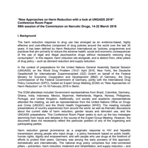Documento de sesión: “Nuevos enfoques sobre la reducción de daños con miras a la UNGASS 2016”