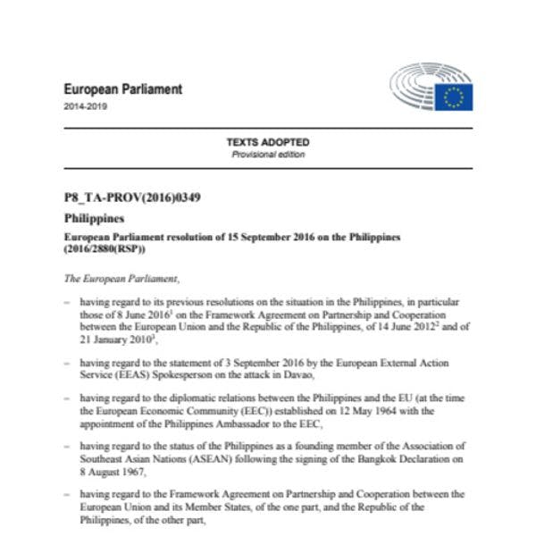 Resolución de Parlamento Europeo de 15 de septiembre de 2016 relativa a las Filipinas