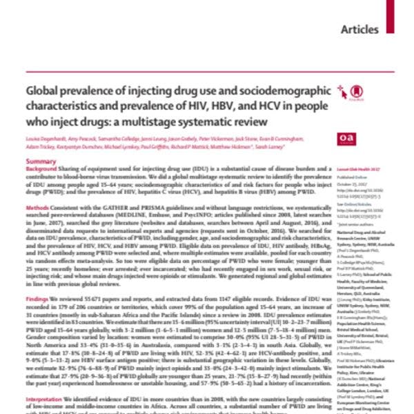 Global prevalence of injecting drug use and sociodemographic characteristics and prevalence of HIV, HBV, and HCV in people who inject drugs: a multistage systematic review