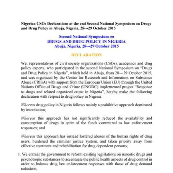 Statement from the second national symposium on drugs and drug control policy in Nigeria