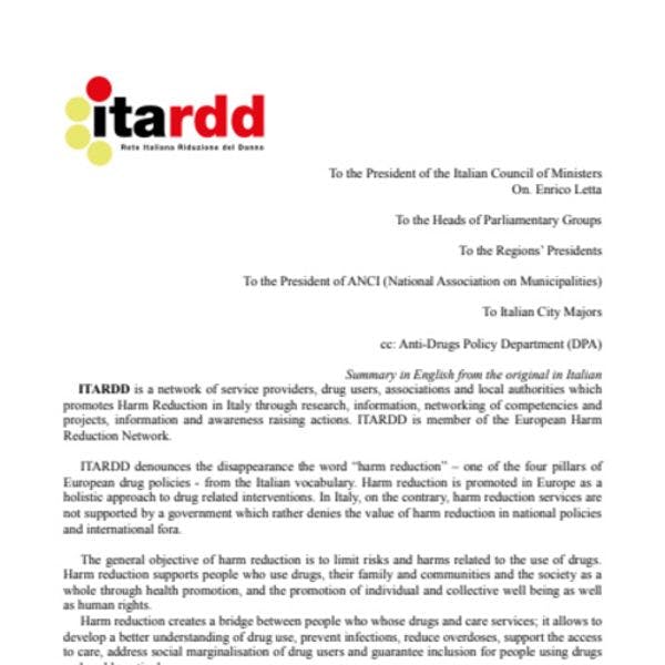 Re-inventing harm reduction in Italy: A letter to the President 