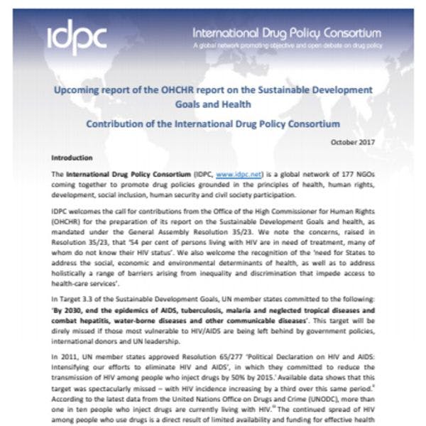 Contribution de l'IDPC au prochain rapport du Haut Commissariat aux droits humains sur les Objectifs de Développement Durable et la Santé