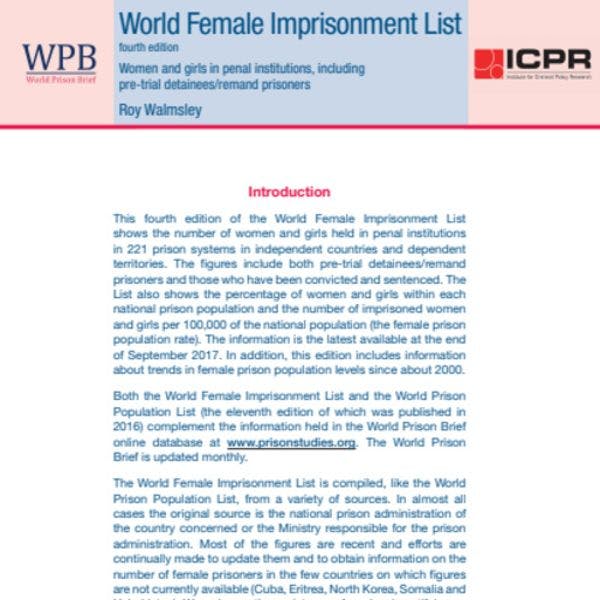 Índice mundial de encarcelación femenina: cuarta edición