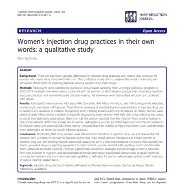 Les pratiques d’injection de drogues des femmes