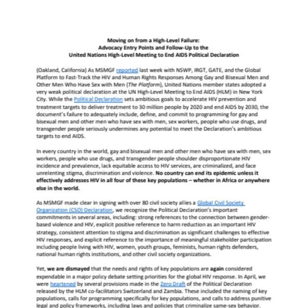 Moving on from a High‐Level Failure: Advocacy Entry Points and Follow‐Up to the United Nations High‐Level Meeting to End AIDS Political Declaration