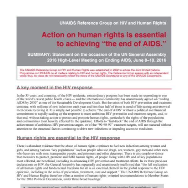High-level meeting on HIV: Contribution of the UNAIDS Reference Group on HIV & Human Rights