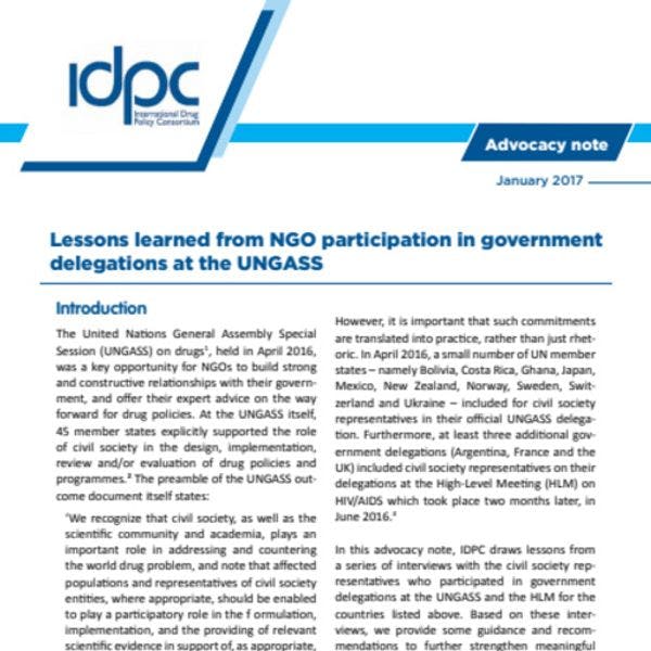 Lessons learned from NGO participation in government delegations at the UNGASS