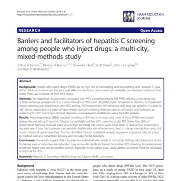 Barrières et facilités d'accès au dépistage de l'hépatite C parmi les usagers de drogues injectables