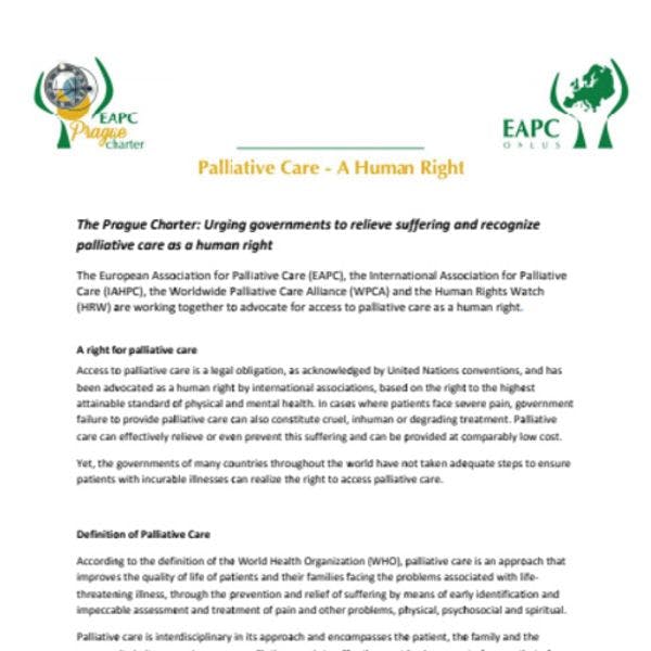La Charte de Prague : Un appel aux gouvernements à soulager la souffrance et à reconnaître les soins palliatifs comme des droits humains.