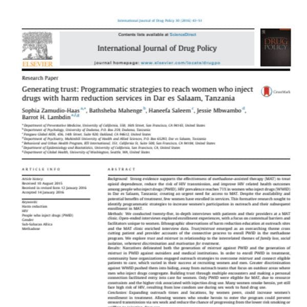 Generating trust: Programmatic strategies to reach women who inject drugs with harm reduction services in Dar es Salaam, Tanzania