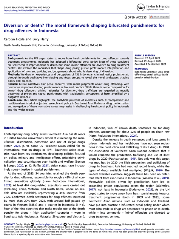 Diversion or death? The moral framework shaping bifurcated punishments for drug offences in Indonesia