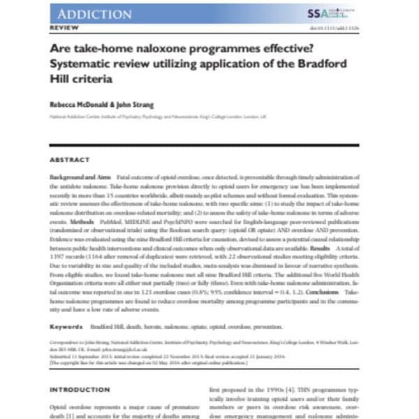 Are take-home naloxone programmes effective? Systematic review utilizing application of the Bradford Hill criteria