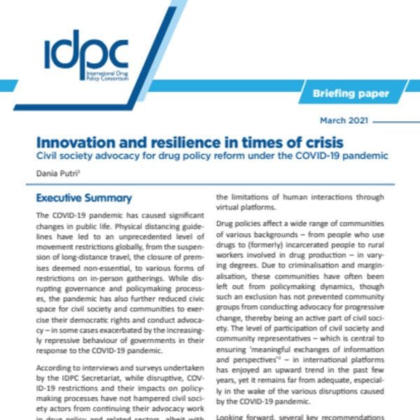 Innovation et résilience en temps de crise - Plaidoyer de la société civile pour une réforme de la politique en matière de drogues pendant la pandémie par COVID-19
