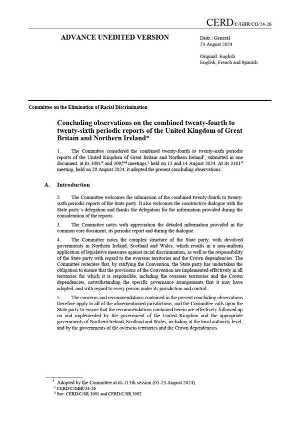 Concluding observations on the 24th and 26th periodic reports of the UK - Committee on the Elimination of Racial Discrimination