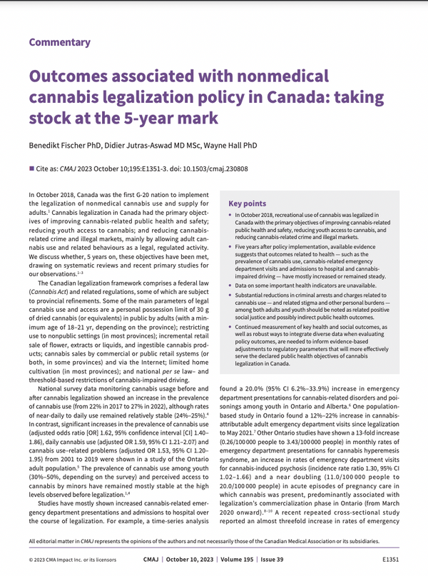 Outcomes associated with nonmedical cannabis legalisation policy in Canada: Taking stock at the 5-year mark