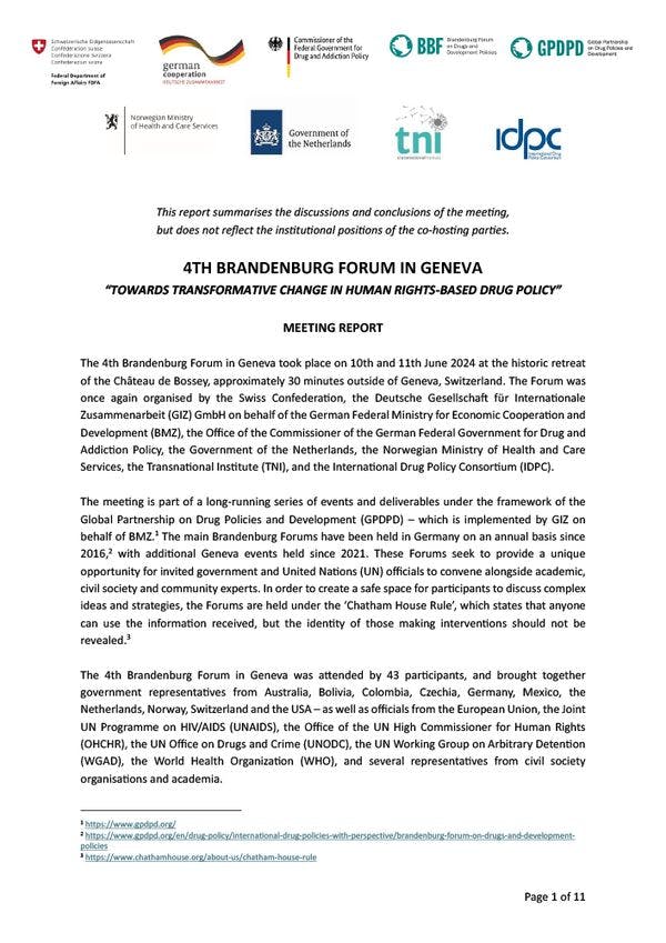 4ème Forum de Brandenburg à Genève : Vers un changement transformateur dans la politique des drogues axée sur les droits humains - Rapport de réunion