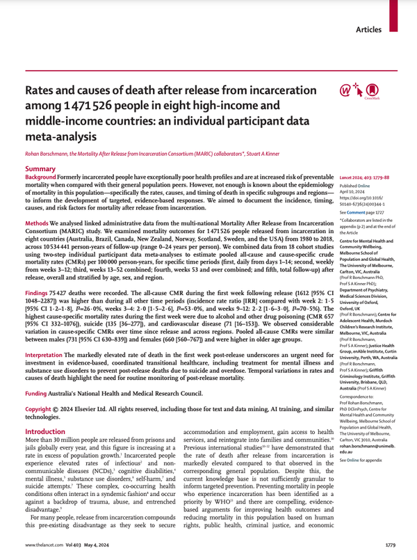 Rates and causes of death after release from incarceration among 1 471 526 people in eight high-income and middle-income countries: an individual participant data meta-analysis