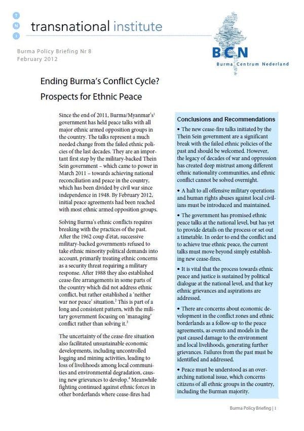 8º Briefing TNI-BCN de Burma – Finalizar o Ciclo de Conflitos de Burma? Perspectivas para uma Paz Étnica 