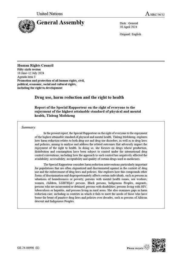 Drug use, harm reduction and the right to health - Report of the UN Special Rapporteur on the right to health